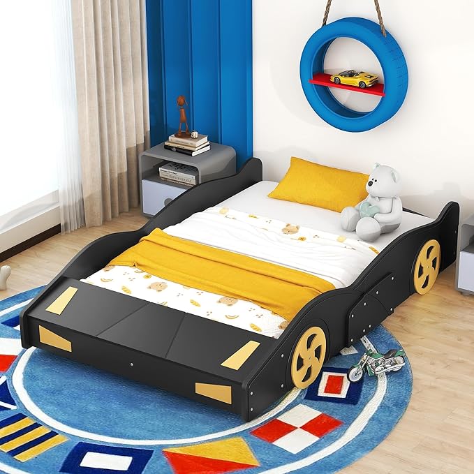 Full Size Race Car-Shaped Platform Bed with Wheels,Wooden Car Bedframe W/Storage Space,No Box Spring Required,for Boys Toddlers Kids Child's Bedroom,Black+Yellow - LeafyLoom