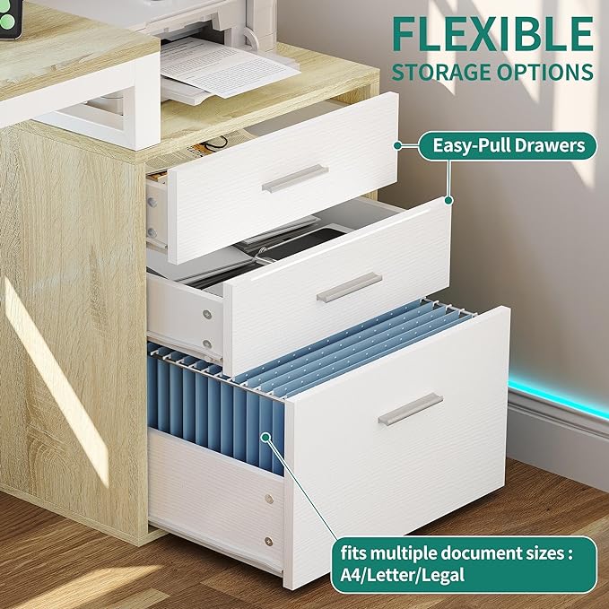 YITAHOME L Shaped Desk with 3 Drawers, 65" Corner Computer Desk with Power Outlets & LED Lights, L-Shaped Desk with File Cabinet & Printer Stand for Home Office, White & Oak - LeafyLoom