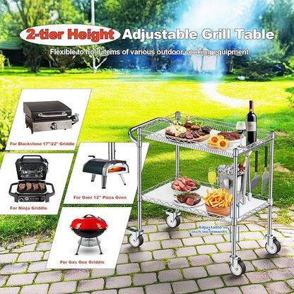 2 Tier Outdoor Grill Table, Heavy Duty 900LBS Grill Cart on Wheels, NSF Certified Grill Stand with Handle for Blackstone Griddle, Ninja Grill, Pizza Oven Table for Outside BBQ, Chrome - LeafyLoom