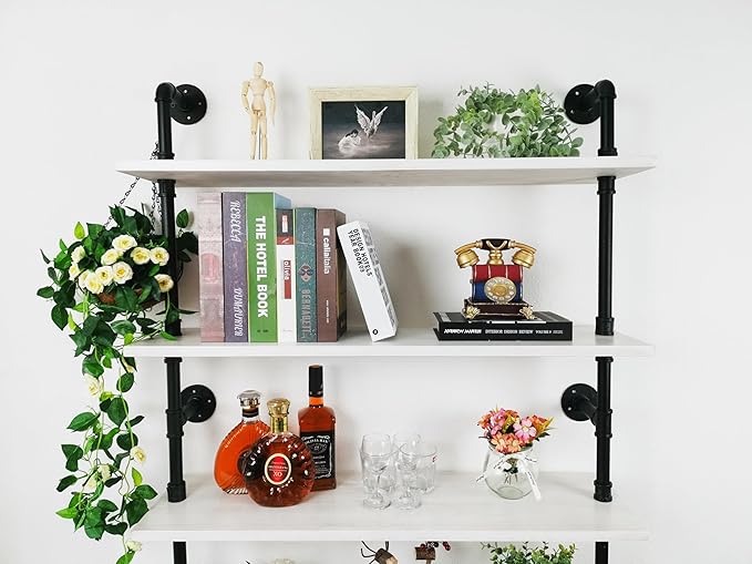 Ladder Pipe Shelves, Wall Mounted Industrial Shelves for Living Room Storage (White, 5 Tier - 10" D x 36" W x 70" H) - LeafyLoom