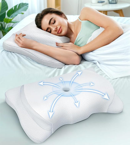 Adjustable Height Cervical Neck Pillow for Pain Relief, Hollow Contour Pillow with Cooling Breathable Pillowcase, Odorless Memory Foam Pillows, Orthopedic Bed Pillow Support Shoulder Side Back Stomach - LeafyLoom