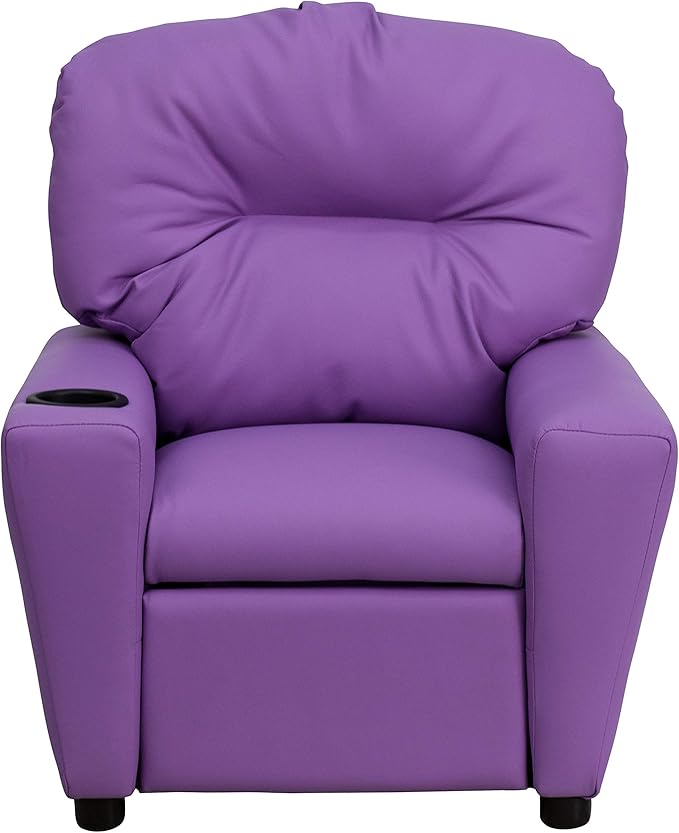 Flash Furniture Chandler Vinyl Kids Recliner with Cup Holder and Safety Recline, Contemporary Reclining Chair for Kids, Supports up to 90 lbs., Lavender - LeafyLoom