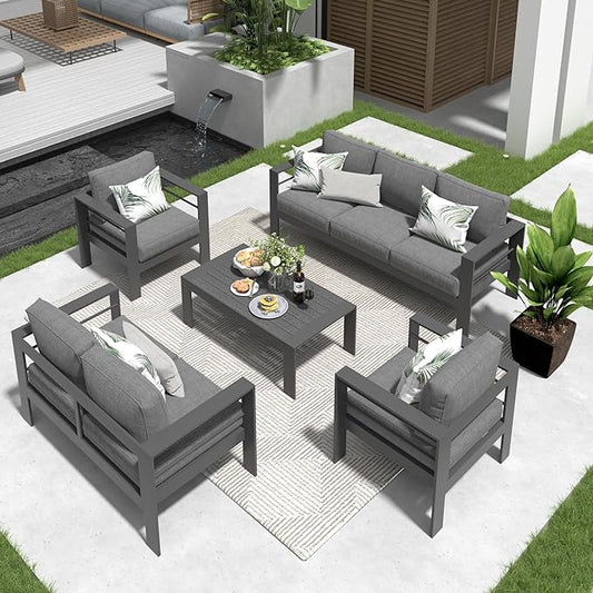 Solaste Aluminum Patio Furniture Set,5 Pieces Modern Outdoor Conversation Set Sectional Sofa with Upgrade Cushion and Coffee Table,Grey - LeafyLoom