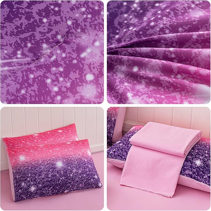 Full Size Bedding Sets Kids Bedding Sets for Girls,Galaxy Bedding 7pieces Glitter Pink Comforter Colorful Comforter Full Size Comforter Sets for Teen Girls(Purple) - LeafyLoom