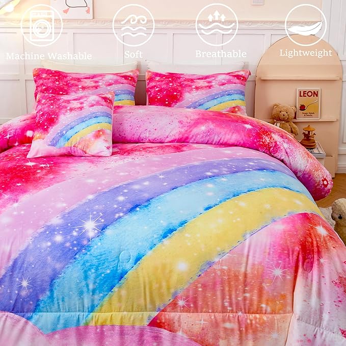 Rainbow Twin Size Comforter Set for Girls 6 Pieces Sparkle Tie Dye Pink Girls Bedding Comforter Sets Galaxy Kids Bed Comforter Sets Gradient Glitter Soft Bed in A Bag with Sheets - LeafyLoom