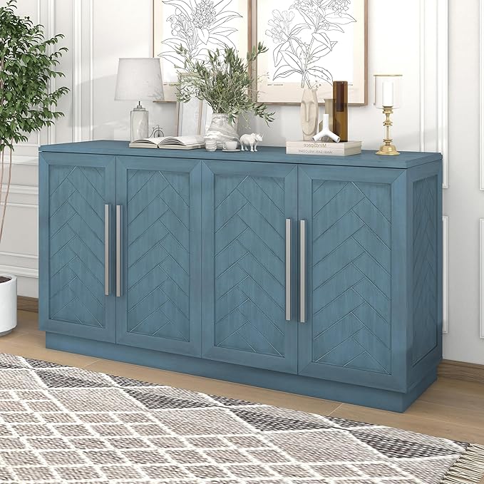 Wooden Sideboard with 4 Doors Large Storage Space,Buffet Cabinet,W/Adjustable Shelves and Silver Handles,Wear-Resistant Performance,for Kitchen,Dining Room,Hallway,Antique Blue, 60" - LeafyLoom