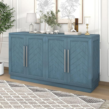 Wooden Sideboard with 4 Doors Large Storage Space,Buffet Cabinet,W/Adjustable Shelves and Silver Handles,Wear-Resistant Performance,for Kitchen,Dining Room,Hallway,Antique Blue, 60" - LeafyLoom