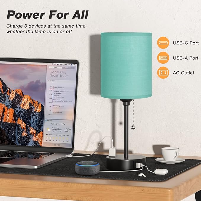 Dicoool Green Table Lamps 3 Color Temperatures - 2700K 3500K 5000K Bedside Lamp with USB C and A Ports, Pull Chain Lamp for Bedroom with AC Outlet, Nightstand Lamp with Black Metal Base for Kids Boys - LeafyLoom