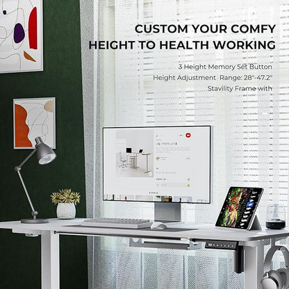 Electric Standing Desk,Adjustable Height Desk With Curved Desktop, Stand Up Desk With 2 Metal Hooks & Cable Organizer Box, Powerful Motor For Fast Switch From Sit To Stand Position 55x24 White - LeafyLoom