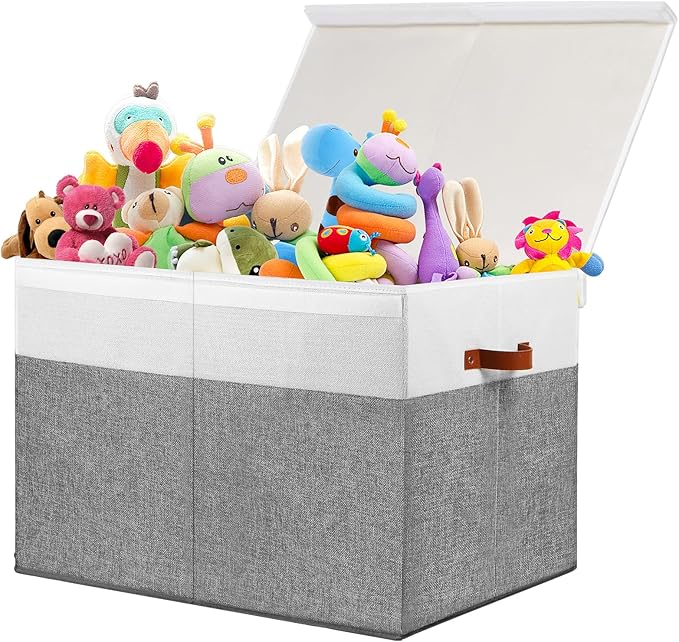 Large Toy Storage Box with Lid, Sturdy Toys Storage Chest Bin Organizer Basket with Dividers for Kids, Boys, Girls, Nursery, Closet, Bedroom, Playroom 26"x17" x17" (Grey and White) - LeafyLoom