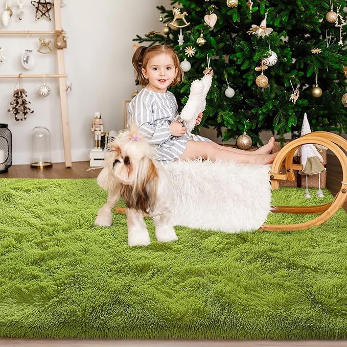 Super Soft Fluffy Shaggy Rugs for Living Room Bedroom, Fuzzy Plush Area Rugs for Girls Kids Room Nursery Home Decor, Furry Dorm Rug Cute Non-Slip Indoor Floor Carpet 3x5 Feet, Green - LeafyLoom