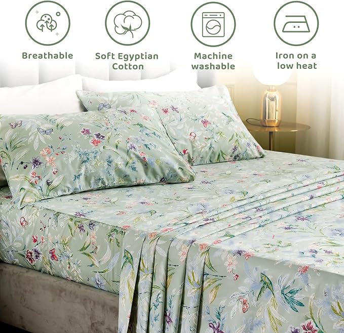 QSH 100% Egyptian Cotton Sheets Twin Size, Green Flower Bird Butterfly Pattern Botanical Luxury Printed Bedding Flower Twin Bed Sheets for Girl Kid Extra Soft 4pcs Deep Pocket Floral Bed Sheet - LeafyLoom