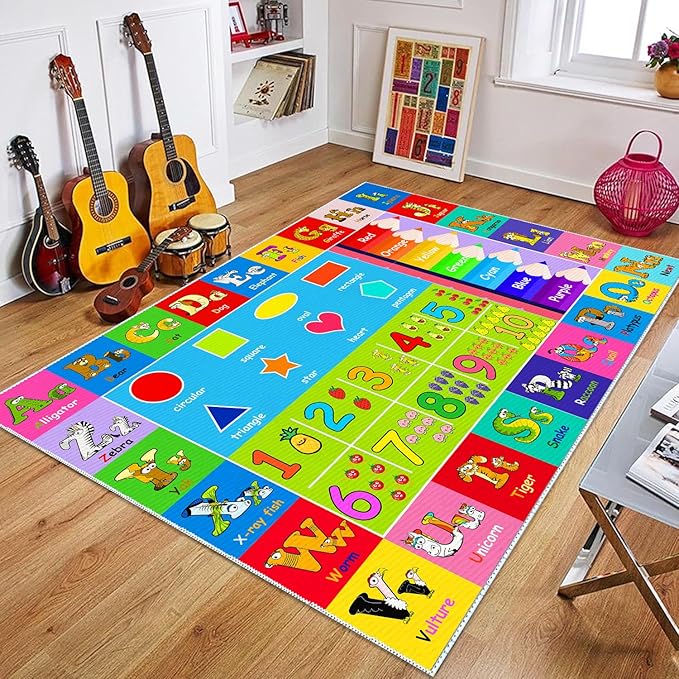 Kids Alphabet Play Game Rug - -4'x6' ABC Numbers and Shapes Educational Learning Toddler Carpet - Kids Room Playroom Classroom Kindergarten Activity Fun Soft Non-Slip Mat - LeafyLoom