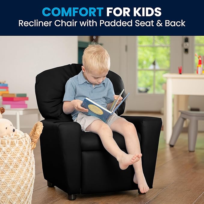 Flash Furniture Chandler LeatherSoft Kids Recliner with Cup Holder and Safety Recline, Contemporary Reclining Chair for Kids, Supports up to 90 lbs., Black - LeafyLoom