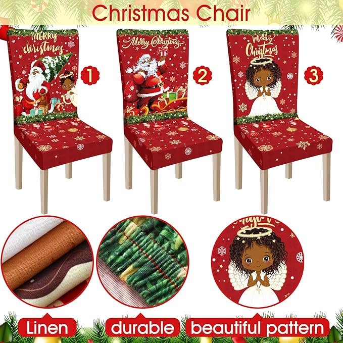 Ganeen 6 Pcs Christmas Chair Covers Merry Christmas Chair Back Cover Stretch Christmas Seat Cover Washable Xmas Dining Chair Protector Slipcover for Dining Room Kitchen Holiday Party (African Style) Ganeen