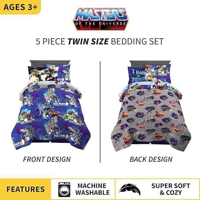 Franco Kids Bedding Super Soft Comforter and Sheet Set with Sham, 5 Piece Twin Size, He-Man and the Masters of the Universe - LeafyLoom