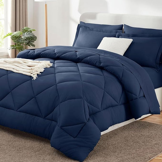 CozyLux Twin Bed in a Bag Comforter Set with Sheets 5 Pieces for Girls and Boys Navy Blue All Season Bedding Sets with Comforter, Pillow Sham, Flat Sheet, Fitted Sheet and Pillowcase - LeafyLoom