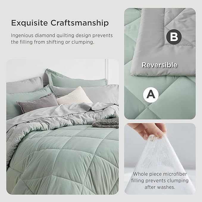 Bedsure Sage Green King Comforter Set - 7 Pieces Reversible Bed Set Sage Green Bed in a Bag King with Comforters, Sheets, Pillowcases & Shams, King Bedding Sets - LeafyLoom