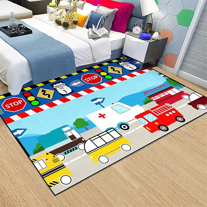 Cartoon Ambulance Car Area Rug Car Carpet for Kids Play Rug for Cars and Trucks Car Rug Play Mat Car Track Rug Truck Rugs for Boys Room Rugs for Boys Bedroom,Light Blue 3'×5' - LeafyLoom