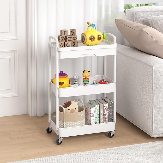 3-Tier Rolling Cart，Trolley with Drawer, Multifunctional Storage Organizer with Plastic Shelf & Metal Wheels, Kitchen Storage Cart for Living Room, Kitchen, Office, Bathroom, White - LeafyLoom