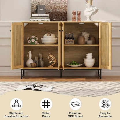 Storage Cabinet, Large Capacity Four-Door Rattan Sideboard with Adjustable Partitions, Metal Cabinet Legs, Modern Elegant Design Accent Cabinet Suitable for Home Office Bar Cafe (Natural Wood) - LeafyLoom