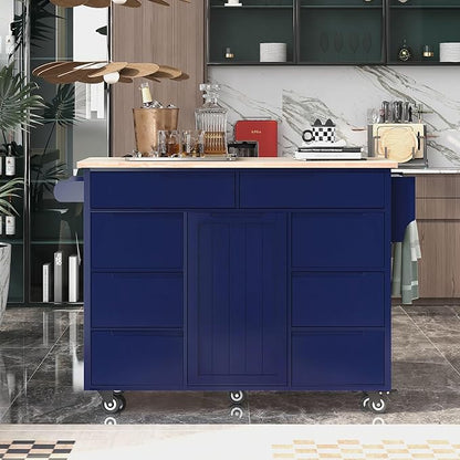 Kitchen Island with Storage, Rolling Table on Wheels w/Handle-Free Drawers Including a Flatware Organizer for Dinning Room, Rubber Wood Contertop - LeafyLoom