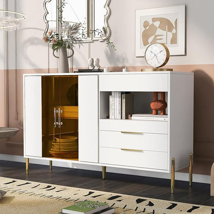 Merax Sideboard Buffet Cabinet with Storage, Light Luxury Style with Acrylic Doors & 3 Drawers, White - LeafyLoom