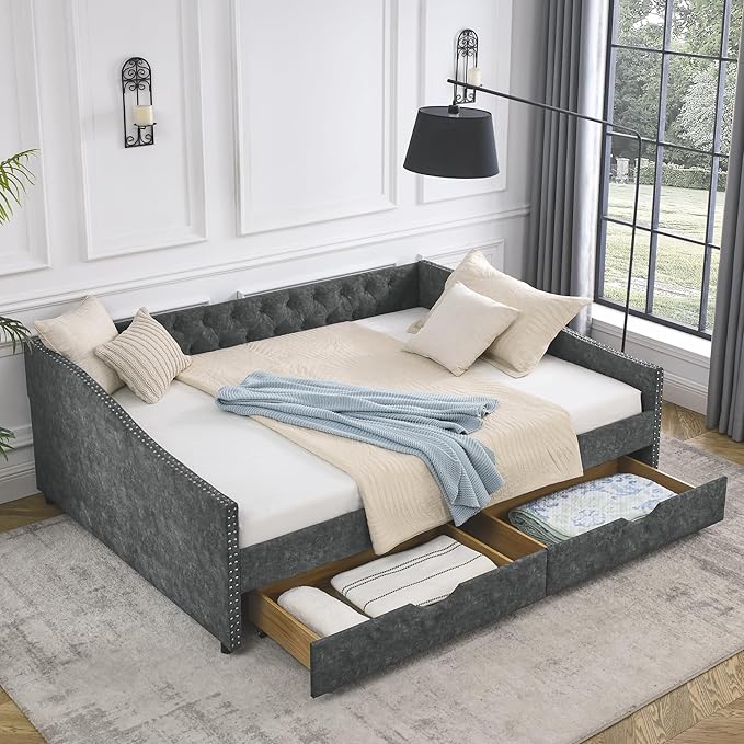 Queen Size Upholstered Daybed with Two Storage Trundle Drawers, Wooden Sofa Bed w/Button Tufted Backrest and Waved Shape Arms, No Box Spring Needed, for Living Room, Bedroom, Dorm, Grey - LeafyLoom