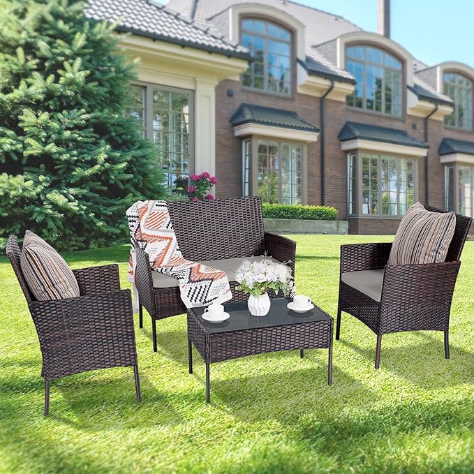 Patio Furniture Set,4 Piece Garden Conversation Set, Outdoor Wicker Rattan Table and Chairs, Black Patio Set, Sectional Sofa with Thick Cushion for Garden, Yard, or Porch (Brown/Grey)… - LeafyLoom