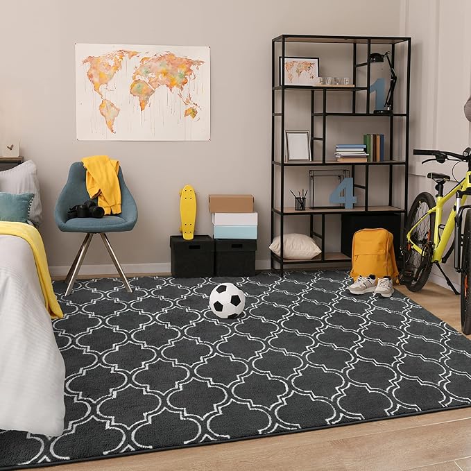 Chicrug Shag Geometric Modern Area Rug for Living Room, 7x10 Feet Large Memory Foam Indoor Carpet, Fluffy Rug for Bedroom Bedside Room Decor for Family Girls Kids Nursery, Dark Grey/White - LeafyLoom