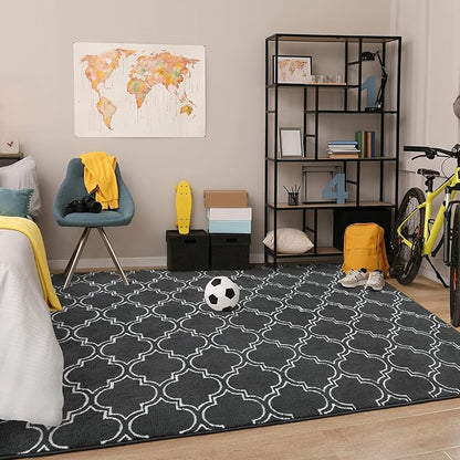 Chicrug Shag Geometric Modern Area Rug for Living Room, 7x10 Feet Large Memory Foam Indoor Carpet, Fluffy Rug for Bedroom Bedside Room Decor for Family Girls Kids Nursery, Dark Grey/White - LeafyLoom