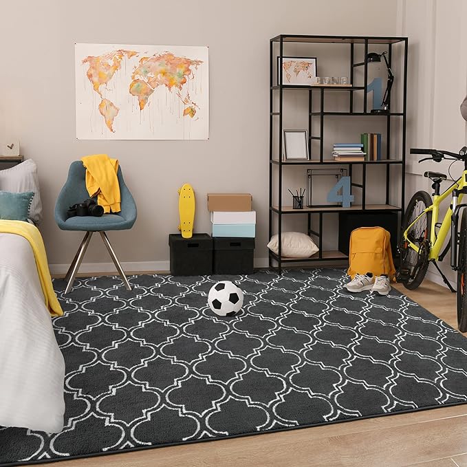 Chicrug Shag Geometric Modern Area Rug for Bedroom, 5x7 Feet Memory Foam Indoor Carpet, Fluffy Rug for Living room Bedside Room Decor for Family Girls Kids Nursery Play Mat, Dark Grey/White - LeafyLoom