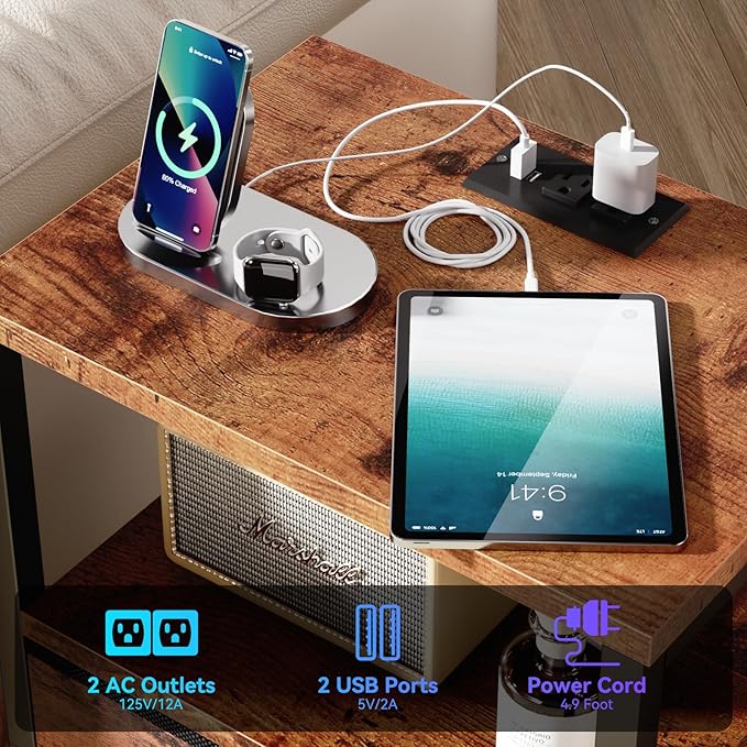 Furologee Nightstand with Charging Station, End Table with LED Lights, Bedside Table with USB Ports & Outlets, Night Stands with 2 Drawers, Side Table for Living Room/Bedroom - LeafyLoom