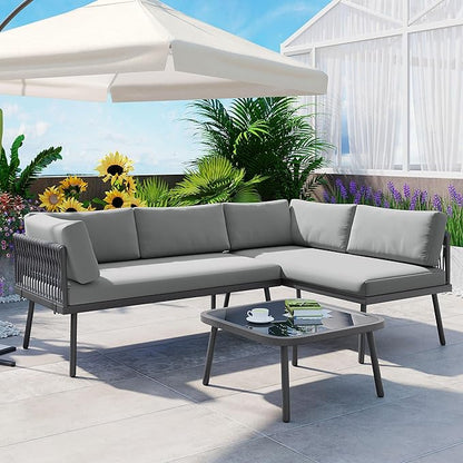 3-Piece Outdoor Patio Furniture PE Rattan Sofa Set, All Weather L-Shaped Sectional Couch with Removable Cushions and Glass Table, for Backyard Poolside Garden, Metal Frame, Onesize, Gray - LeafyLoom