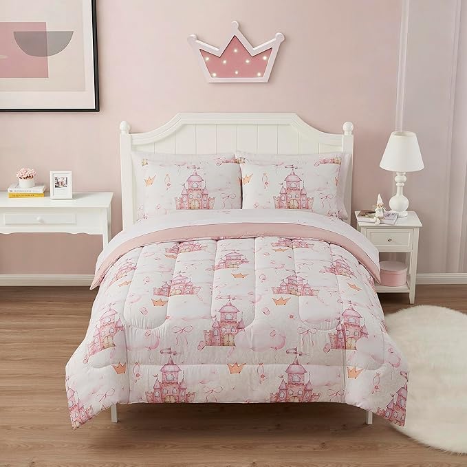 Kids Bedding Set Bed in a Bag for Boys and Girls Toddlers Printed Sheet Set and Comforter, Full, Fairytale Princess - LeafyLoom