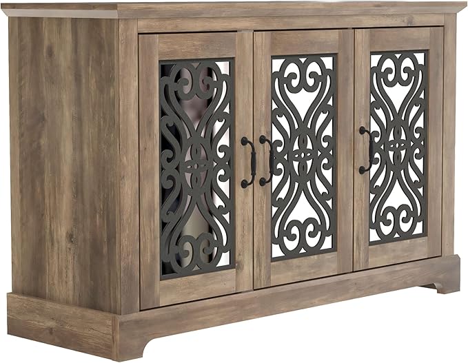 Galano Calidia 3 Door Sideboard, Kitchen Storage Sideboard Buffet Cabinet Console with Acrylic Mirror Doors & Adjustable Shelves, 15.67" D x 45.71" W x 29.29" H, Knotty Oak - LeafyLoom