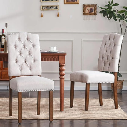 Stylish Upholstered Nailhead Trim and Sturdy Solid Wood Legs Parson Dining Chair, Set of 4, Beige - LeafyLoom