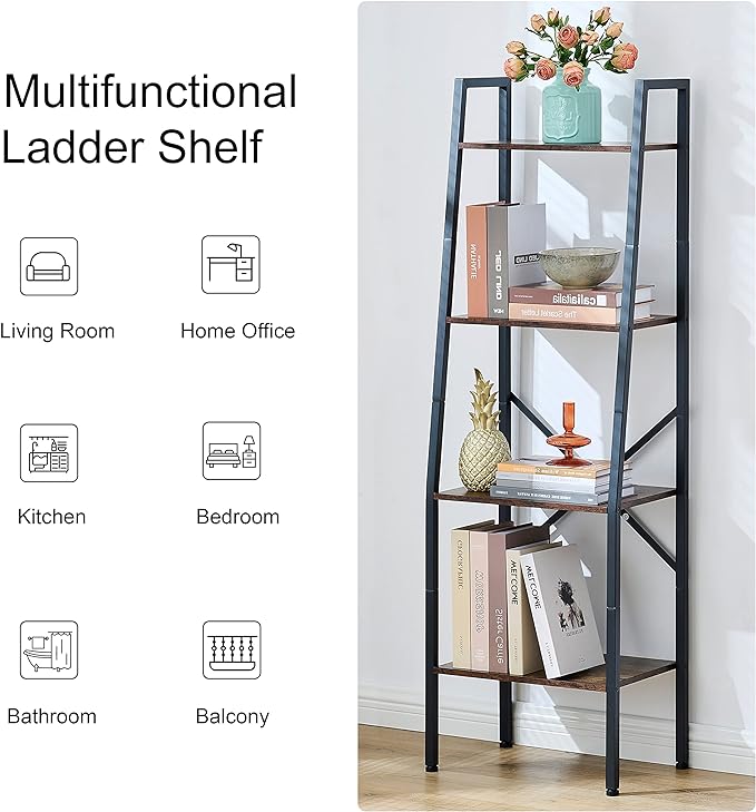 Hoctieon Ladder Shelf Bookcase, 4-Tier Industrial Tall Ladder Bookshelf with Metal Frame for Living Room, Kitchen, Home Office, Bedroom, Rustic Brown - LeafyLoom