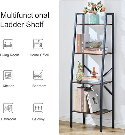 Hoctieon Ladder Shelf Bookcase, 4-Tier Industrial Tall Ladder Bookshelf with Metal Frame for Living Room, Kitchen, Home Office, Bedroom, Rustic Brown - LeafyLoom