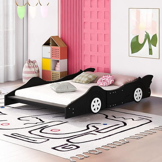 Car Shaped Toddler Bed with Wheels,Racecar Platform Beds W/Safety Guardrail,Slats Support,Stylish Design,Easy Assembly,Wood Full Bedframe for Boys Toddlers Kids Teens Bedroom,Black - LeafyLoom