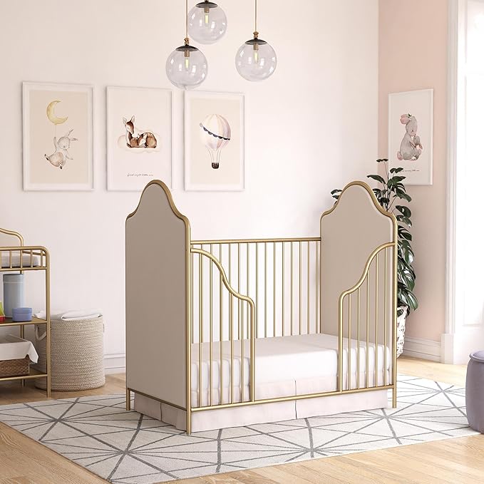 Little Seeds Piper Upholstered Metal Crib, Gold - LeafyLoom