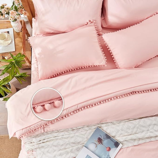 Anluoer Queen Comforter Set 7 Piece, Pink Bed in a Bag with Sheets, Pom Pom Boho Bedding Comforter Sets with 1 Comforter, 2 Pillow Shams, 2 Pillowcases, 1 Flat Sheet, 1 Fitted Sheet - LeafyLoom