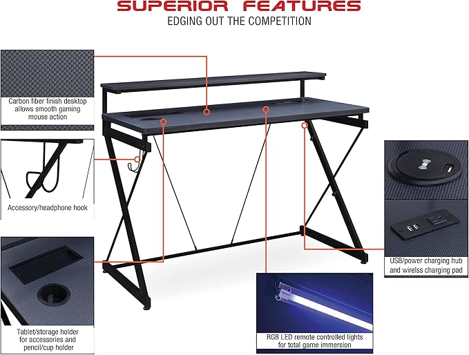 OSP Home Furnishings Emulator Battlestation Gaming Desk with RGB LED Lights, Black - LeafyLoom