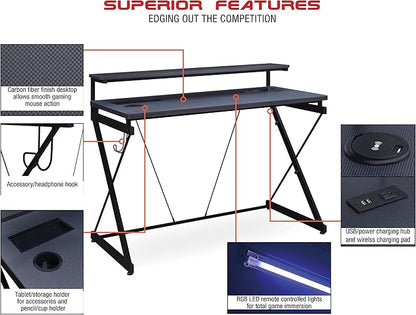 OSP Home Furnishings Emulator Battlestation Gaming Desk with RGB LED Lights, Black - LeafyLoom