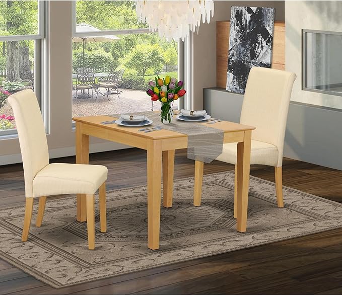 East West Furniture OXBA3-OAK-02 Oxford 3 Piece Room Furniture Set Contains a Square Dining Table and 2 Light Beige Linen Fabric Parsons Chairs, 36x36 Inch - LeafyLoom