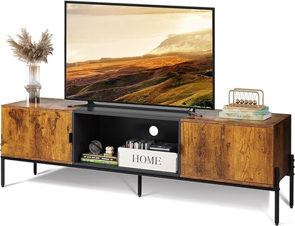 WLIVE Modern TV Stand for 65 Inch TV, Mid Century Entainment Center with Storage, TV Console with Open Shelf and 2 Cabinets for Bedroom and Living Room, TV Cabinet with Metal Legs, Rustic Brown - LeafyLoom