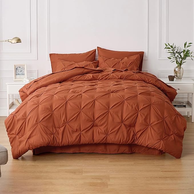 Bedsure Bed in a Bag Queen 7 Pieces - Queen Size Comforter Set, Pintuck Bedding Sets Burnt Orange Bed Set with Comforter, Sheets, Pillowcases & Shams - LeafyLoom