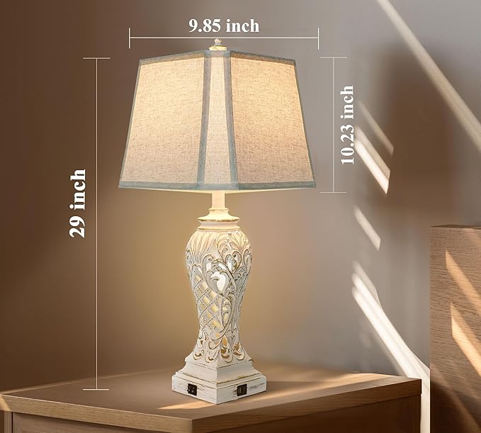 Table Lamps for Bedroom Living Room, Bedside Lamp with Fabric Shades, 29'' Tall Coastal Nautical Lampwith USB and Nightlight - LeafyLoom