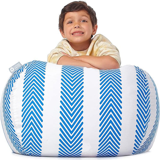 5 STARS UNITED Stuffed Animal Storage Bean Bag – Toy Storage Organizer and Bean Bag Chair for Kids Holds up to 90+ Plush Toys – Cotton Canvas Bags Cover for Boys and Girls Ages 4-11, Blue Stripes - LeafyLoom