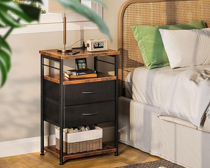 AODK Night Stand with Charging Station, End Table for Bedroom Tall Nightstand with Drawers, Small Nightstand for Bedroom, 4-Tier Storage Bedside Table, Vintage and Black - LeafyLoom